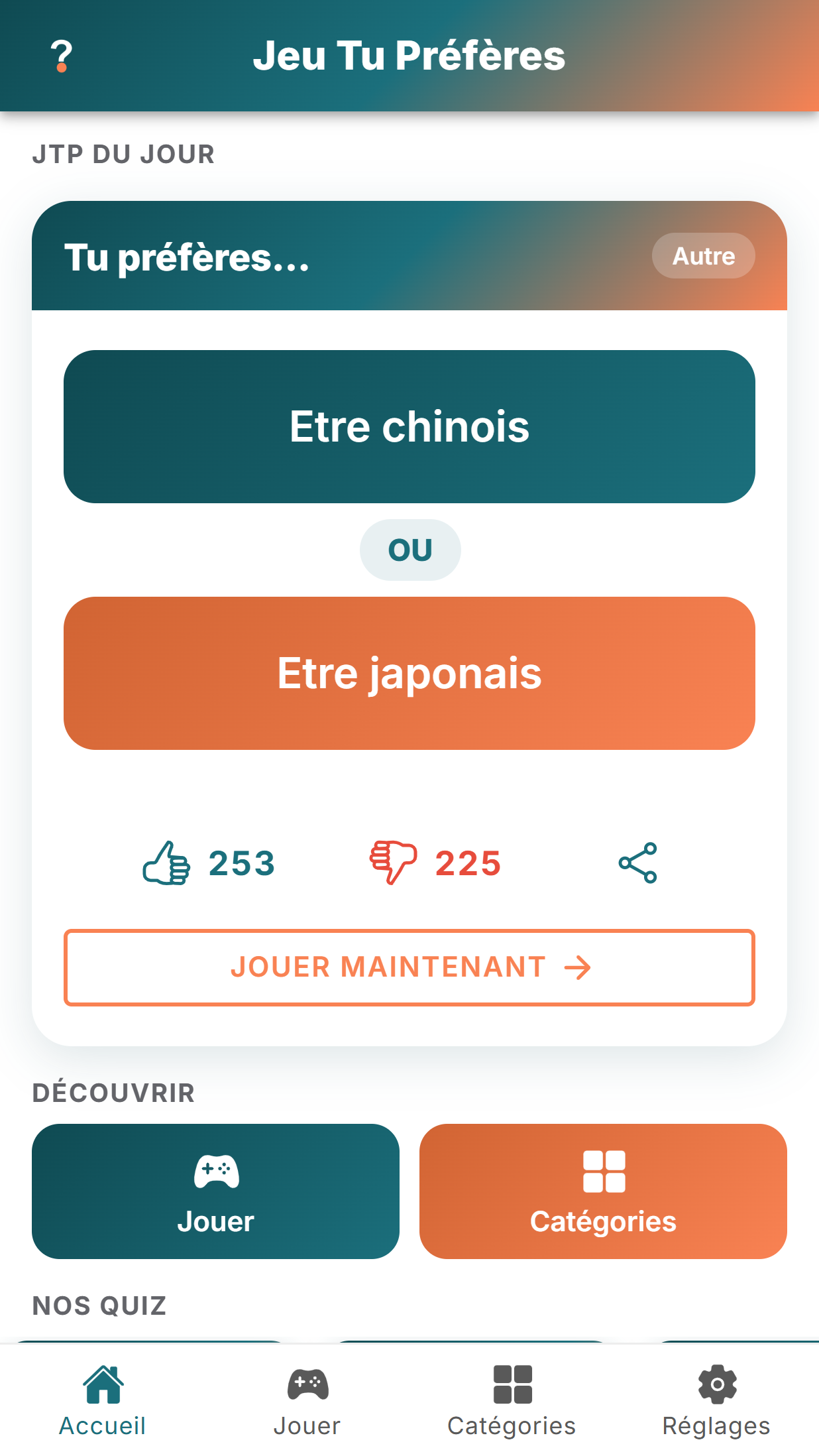 Écran d'accueil de l'application