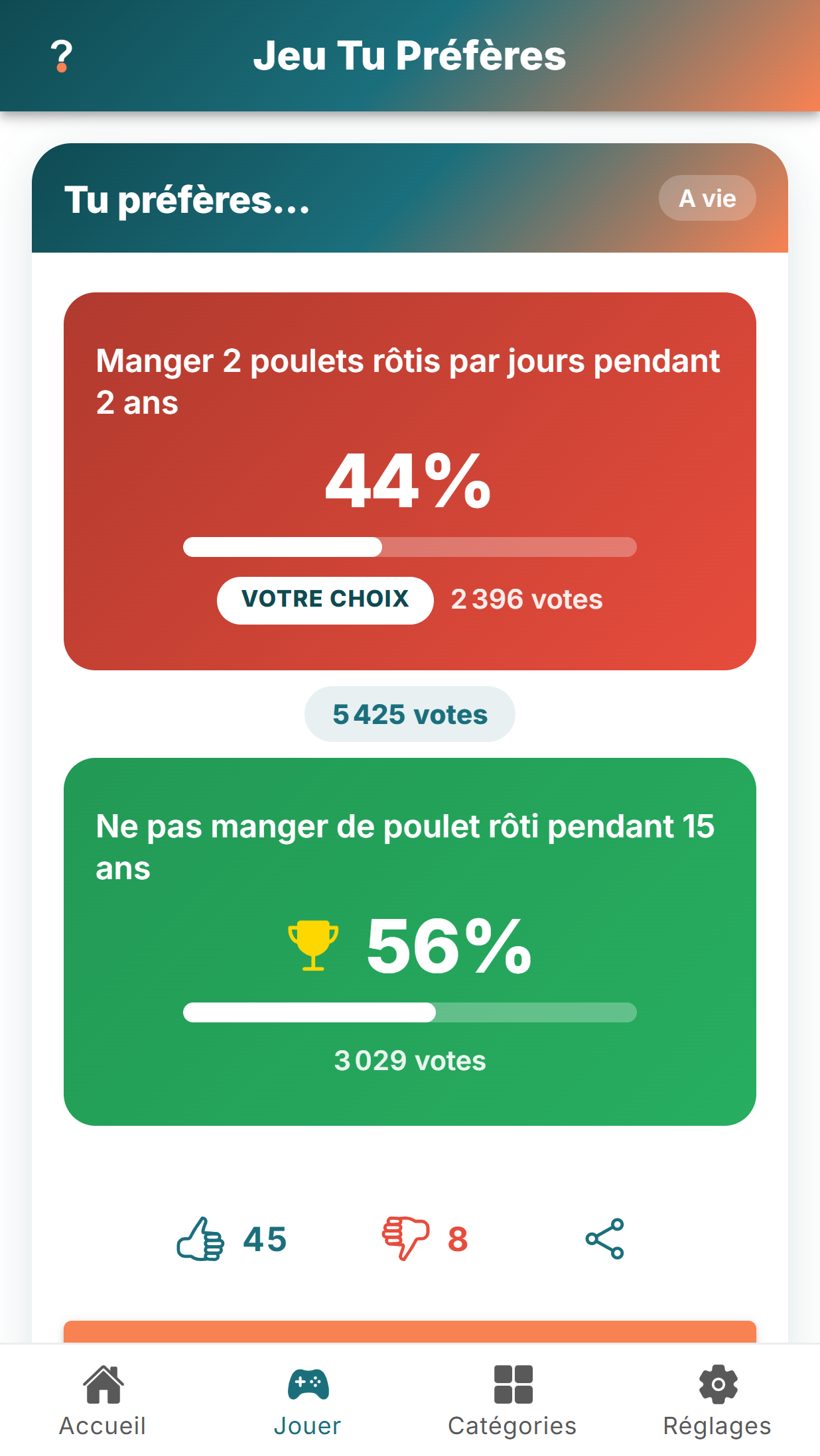 Les résultats d'un vote dans l'application